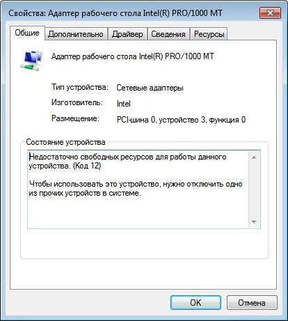 Недостаточно свободных ресурсов для работы данного устройства (код 12)